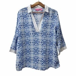 Isaac‎ Mizrahi Womens Linen 3/4 Sleeve Popover Top Size XL Blue Coastal Travel